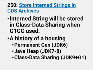250: Store Interned Strings in
CDS Archives
•Interned String will be stored
in Class-Data Sharing when
G1GC used.
•A history of a housing
•Permanent Gen (JDK6)
•Java Heap (JDK7-8)
•Class-Data Sharing (JDK9+G1)
 