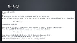 $ jcmd 1234 VM.info
1234:
#
# JRE version: Java(TM) SE Runtime Environment (9.0+119) (build 9-ea+119)
# Java VM: Java HotSpot(TM) 64-Bit Server VM (9-ea+119, mixed mode, tiered, compressed oops, g1 gc, linux-amd64)
--------------- S U M M A R Y ------------
Command Line: LongSleep
Host: Intel(R) Core(TM) i3-2367M CPU @ 1.40GHz, 2 cores, 1G, Fedora release 23 (Twenty Three)
Time: Mon May 23 20:32:22 2016 JST elapsed time: 16 seconds (0d 0h 0m 16s)
--------------- P R O C E S S ---------------
Heap address: 0x00000000e0e00000, size: 498 MB, Compressed Oops mode: 32-bit
Narrow klass base: 0x0000000000000000, Narrow klass shift: 3
Compressed class space size: 1073741824 Address: 0x0000000100000000
：
 