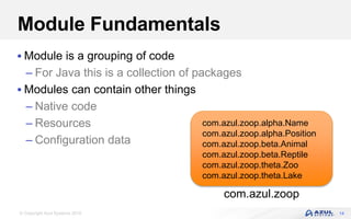 © Copyright Azul Systems 2016
Module Fundamentals
 Module is a grouping of code
– For Java this is a collection of packages
 Modules can contain other things
– Native code
– Resources
– Configuration data
14
com.azul.zoop
com.azul.zoop.alpha.Name
com.azul.zoop.alpha.Position
com.azul.zoop.beta.Animal
com.azul.zoop.beta.Reptile
com.azul.zoop.theta.Zoo
com.azul.zoop.theta.Lake
 