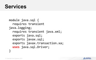 © Copyright Azul Systems 2016
Services
module java.sql {
requires transient
java.logging;
requires transient java.xml;
exports java.sql;
exports javax.sql;
exports javax.transaction.xa;
uses java.sql.Driver;
}
 