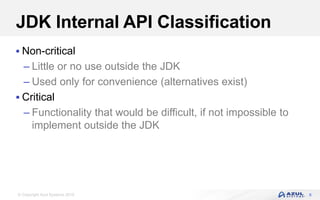 © Copyright Azul Systems 2016
JDK Internal API Classification
 Non-critical
– Little or no use outside the JDK
– Used only for convenience (alternatives exist)
 Critical
– Functionality that would be difficult, if not impossible to
implement outside the JDK
8
 