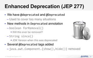 © Copyright Azul Systems 2017
Enhanced Deprecation (JEP 277)
 We have @deprecated and @Deprecated
– Used to cover too many situations
 New methods in Deprecated annotation
– boolean forRemoval()
 Will this ever be removed?
– String since()
 JDK Version when this was deprecated
 Several @Deprecated tags added
– java.awt.Component.{show(),hide()} removed
12
 