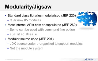© Copyright Azul Systems 2017
Modularity/Jigsaw
 Standard class libraries modularised (JEP 220)
– rt.jar now 85 modules
 Most internal APIs now encapsulated (JEP 260)
– Some can be used with command line option
– sun.misc.Unsafe
 Modular source code (JEP 201)
– JDK source code re-organised to support modules
– Not the module system
3
 