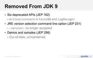 © Copyright Azul Systems 2017
Removed From JDK 9
 Six deprecated APIs (JEP 162)
– ActionListeners in Pack200 and LogManager
 JRE version selection command line option (JEP 231)
– -version: no longer accepted
 Demos and samples (JEP 298)
– Out-of-date, unmaintained
33
 