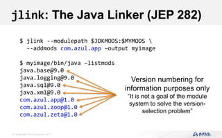© Copyright Azul Systems 2017
jlink: The Java Linker (JEP 282)
$ jlink --modulepath $JDKMODS:$MYMODS 
--addmods com.azul.app –output myimage
$ myimage/bin/java –listmods
java.base@9.0
java.logging@9.0
java.sql@9.0
java.xml@9.0
com.azul.app@1.0
com.azul.zoop@1.0
com.azul.zeta@1.0
Version numbering for
information purposes only
“It is not a goal of the module
system to solve the version-
selection problem”
 