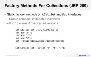 © Copyright Azul Systems 2017
Factory Methods For Collections (JEP 269)
 Static factory methods on List, Set and Map interfaces
– Create compact, immutable instances
– 0 to 10 element overloaded versions
6
Set<String> set = new HashSet<>();
set.add("a");
set.add("b");
set.add("c");
set = Collections.unmodifiableSet(set);
Set<String> set = Set.of("a", "b", "c");
 