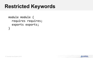 © Copyright Azul Systems 2016
Restricted Keywords
module
requires requires;
exports exports;
module {
}
 