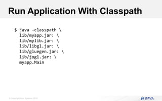 © Copyright Azul Systems 2016
Run Application With Classpath
$ java –classpath 
lib/myapp.jar: 
lib/mylib.jar: 
lib/libgl.jar: 
lib/gluegen.jar: 
lib/jogl.jar: 
myapp.Main
 