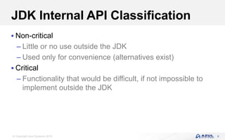 © Copyright Azul Systems 2016
JDK Internal API Classification
 Non-critical
– Little or no use outside the JDK
– Used only for convenience (alternatives exist)
 Critical
– Functionality that would be difficult, if not impossible to
implement outside the JDK
8
 