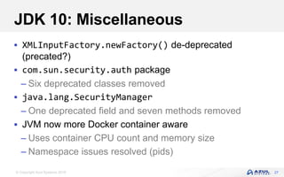© Copyright Azul Systems 2018
JDK 10: Miscellaneous
 XMLInputFactory.newFactory() de-deprecated
(precated?)
 com.sun.security.auth package
– Six deprecated classes removed
 java.lang.SecurityManager
– One deprecated field and seven methods removed
 JVM now more Docker container aware
– Uses container CPU count and memory size
– Namespace issues resolved (pids)
27
 