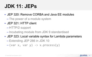 © Copyright Azul Systems 2018
JDK 11: JEPs
 JEP 320: Remove CORBA and Java EE modules
– The power of a module system
 JEP 321: HTTP client
– HTTP/2 support
– Incubating module from JDK 9 standardised
 JEP 323: Local variable syntax for Lambda parameters
– Extending JEP 286 in JDK 10
– (var x, var y) -> x.process(y)
31
 