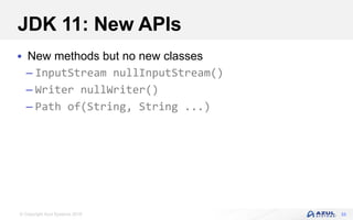 © Copyright Azul Systems 2018
JDK 11: New APIs
 New methods but no new classes
– InputStream nullInputStream()
– Writer nullWriter()
– Path of(String, String ...)
33
 