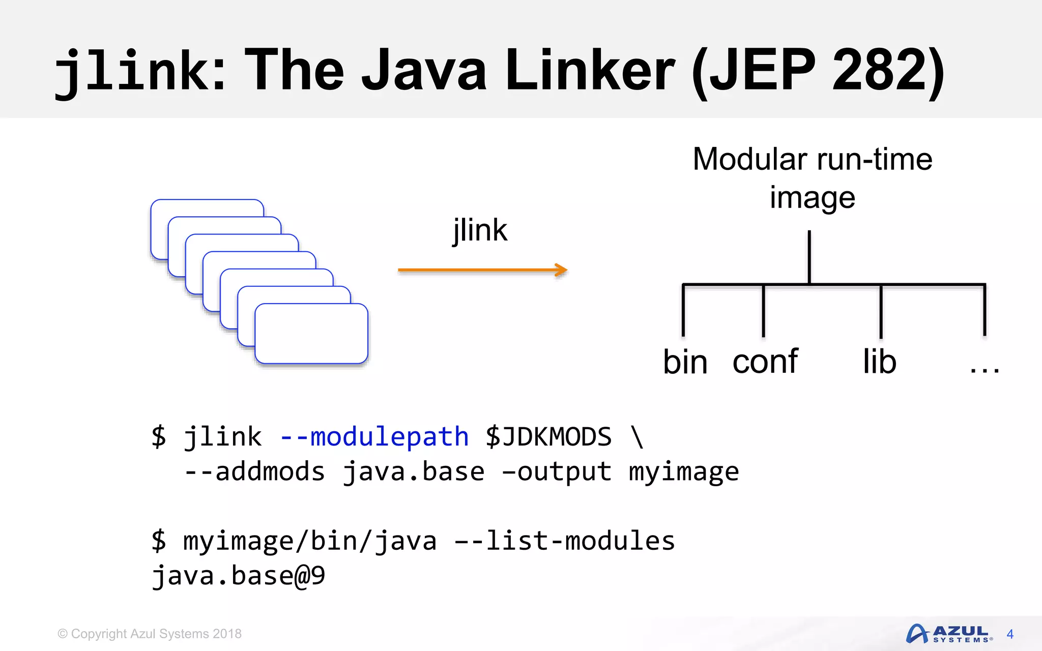 © Copyright Azul Systems 2018
jlink: The Java Linker (JEP 282)
4
Modular run-time
image
…confbin
jlink
$ jlink --modulepath $JDKMODS 
--addmods java.base –output myimage
$ myimage/bin/java –-list-modules
java.base@9
lib
 