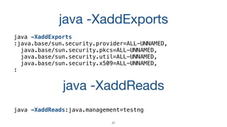 27
java -XaddExports
java -XaddExports
:java.base/sun.security.provider=ALL-UNNAMED,
java.base/sun.security.pkcs=ALL-UNNAMED,
java.base/sun.security.util=ALL-UNNAMED,
java.base/sun.security.x509=ALL-UNNAMED,
:
java -XaddReads
java -XaddReads:java.management=testng
 