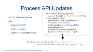 Process API Updates
• JEP 102: Process API Updates

• New:

• Get pid for this JVM

• Get list of processes

• Operations on trees of processes 
Source: http://blog.takipi.com/java-9-the-ultimate-feature-list/
Process proc = Runtime.getRuntime()
.exec(new String[]{"/bin/sh", "-c", "echo $PPID"});
if (proc.waitFor() == 0) {
InputStream in = proc.getInputStream();
int available = in.available();
byte[] outputBytes = new byte[available];
n.read(outputBytes);
String pid = new String(outputBytes);
System.out.println("Your pid is " + pid);
}
System.out.println("Your pid is " +  
ProcessHandle.current().getPid());
39
 