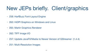 New JEPs brieﬂy. Client/graphics
• 258: HarfBuzz Font-Layout Engine

• 263: HiDPI Graphics on Windows and Linux

• 265: Marlin Graphics Renderer

• 262: TIFF Image I/O

• 257: Update JavaFX/Media to Newer Version of GStreamer (1.4.4)

• 251: Multi-Resolution Images
51
 