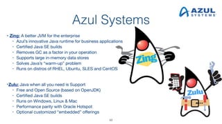 Azul Systems
• Zing: A better JVM for the enterprise

• Azul’s innovative Java runtime for business applications

• Certified Java SE builds

• Removes GC as a factor in your operation

• Supports large in-memory data stores

• Solves Java’s “warm-up” problem

• Runs on distros of RHEL, Ubuntu, SLES and CentOS 
 
•Zulu: Java when all you need is Support 

• Free and Open Source (based on OpenJDK)

• Certified Java SE builds

• Runs on Windows, Linux & Mac

• Performance parity with Oracle Hotspot

• Optional customized “embedded” offerings
53
 