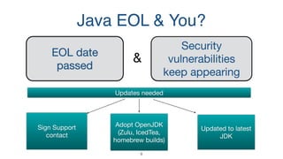 Java EOL & You?
EOL date

passed

Security
vulnerabilities 

keep appearing
&
Sign Support
contact
Adopt OpenJDK
(Zulu, IcedTea,
homebrew builds)
Updated to latest
JDK
8
Updates needed
 