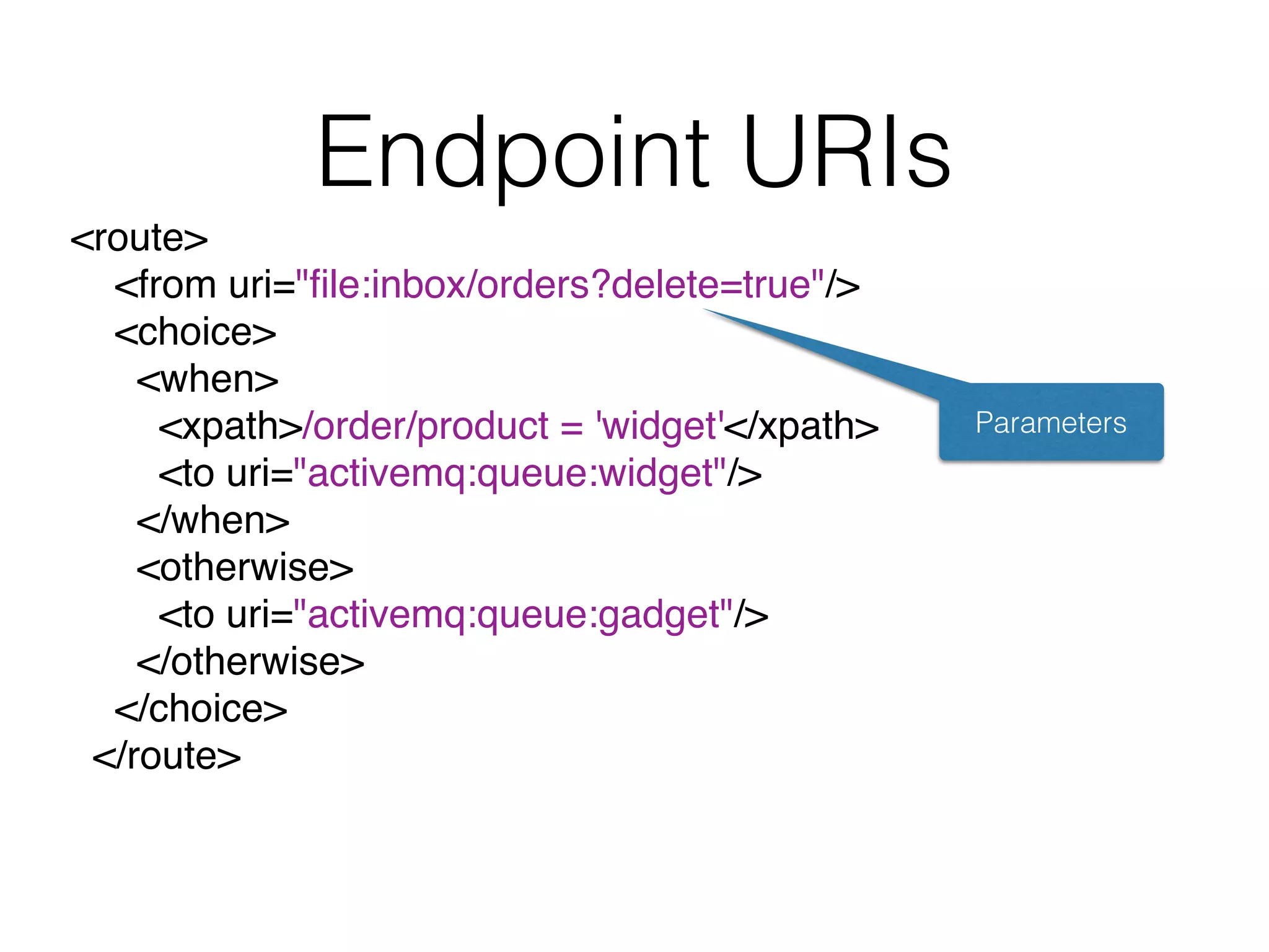 Endpoint URIs
<route>
<from uri="ﬁle:inbox/orders?delete=true"/>
<choice>
<when>
<xpath>/order/product = 'widget'</xpath>
<to uri="activemq:queue:widget"/>
</when>
<otherwise>
<to uri="activemq:queue:gadget"/>
</otherwise>
</choice>
</route>
Parameters
 