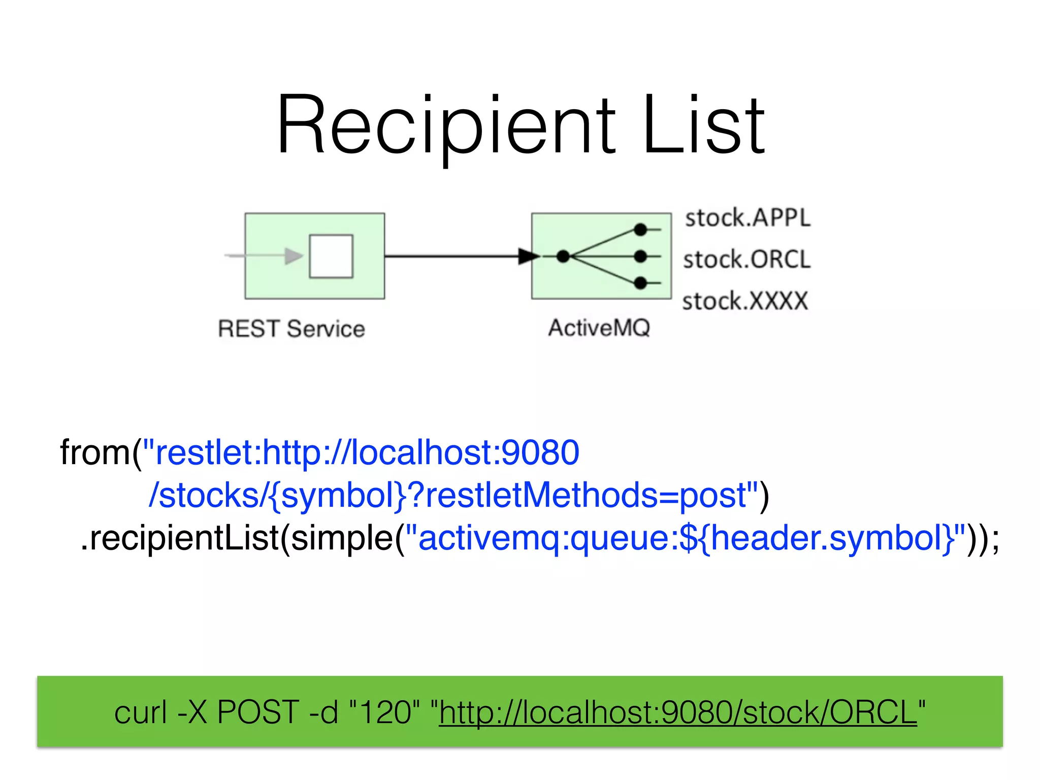 Recipient List
from("restlet:http://localhost:9080 
/stocks/{symbol}?restletMethods=post")
.recipientList(simple("activemq:queue:${header.symbol}"));
curl -X POST -d "120" "http://localhost:9080/stock/ORCL"
 