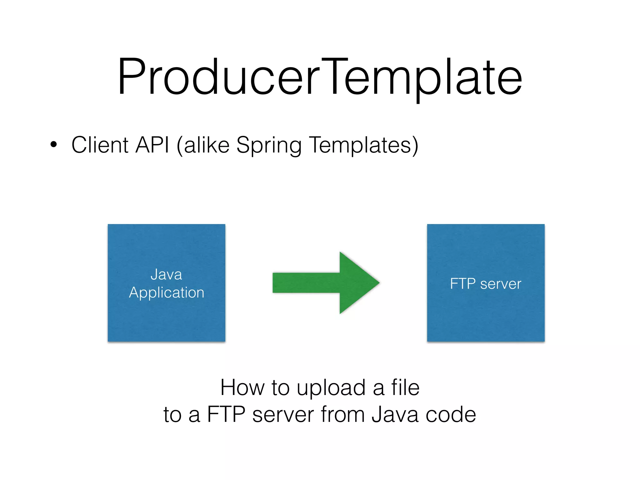 ProducerTemplate
• Client API (alike Spring Templates)
FTP server
Java
Application
How to upload a ﬁle
to a FTP server from Java code
 