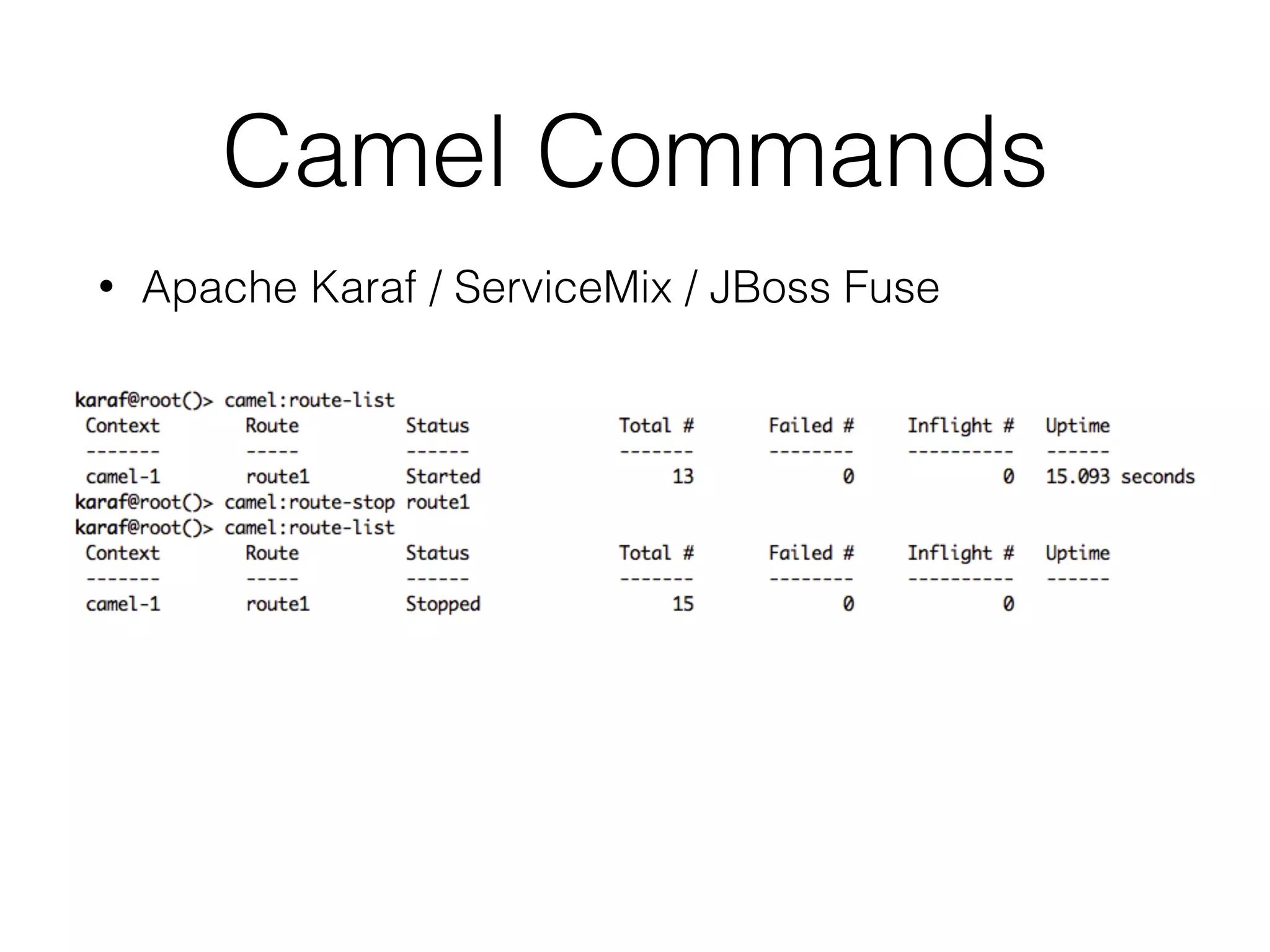 Camel Commands
• Apache Karaf / ServiceMix / JBoss Fuse 
 
 
 
 
 