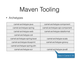 Maven Tooling
• Archetypes
camel-archetype-java camel-archetype-component
camel-archetype-spring camel-archetype-api-component
camel-archetype-web camel-archetype-dataformat
camel-archetype-cdi
camel-archetype-spring-boot camel-archetype-scala
camel-archetype-blueprint camel-archetype-groovy
camel-archetype-spring-dm
camel-archetype-scr camel-archetype-java8
New in Camel 2.18
 