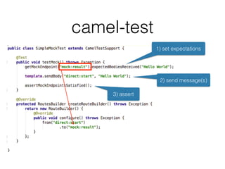 camel-test
1) set expectations
2) send message(s)
3) assert
 
