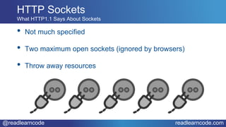 @readlearncode readlearncode.com
• Not much specified
• Two maximum open sockets (ignored by browsers)
• Throw away resources
HTTP Sockets
What HTTP1.1 Says About Sockets
 