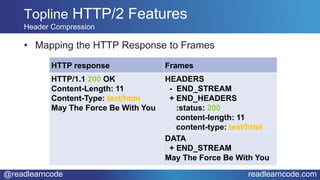 @readlearncode readlearncode.com
• Mapping the HTTP Response to Frames
Topline HTTP/2 Features
Header Compression
HTTP response Frames
HTTP/1.1 200 OK
Content-Length: 11
Content-Type: text/html
May The Force Be With You
HEADERS
- END_STREAM
+ END_HEADERS
:status: 200
content-length: 11
content-type: text/html
DATA
+ END_STREAM
May The Force Be With You
 