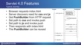 @readlearncode readlearncode.com
• Browser requests index.html
• Server discovers need for css and js
• Get PushBuilder from HTTP request
• Set path to css and invoke push
• Set path to js and invoke push
• Then responds with index.html
• The PushBuilder can be reused
Servlet 4.0 Features
Typical Journey
 