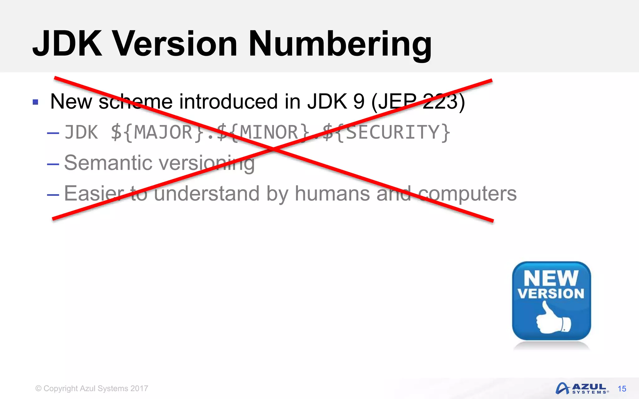 © Copyright Azul Systems 2017
JDK Version Numbering
 New scheme introduced in JDK 9 (JEP 223)
– JDK ${MAJOR}.${MINOR}.${SECURITY}
– Semantic versioning
– Easier to understand by humans and computers
15
 