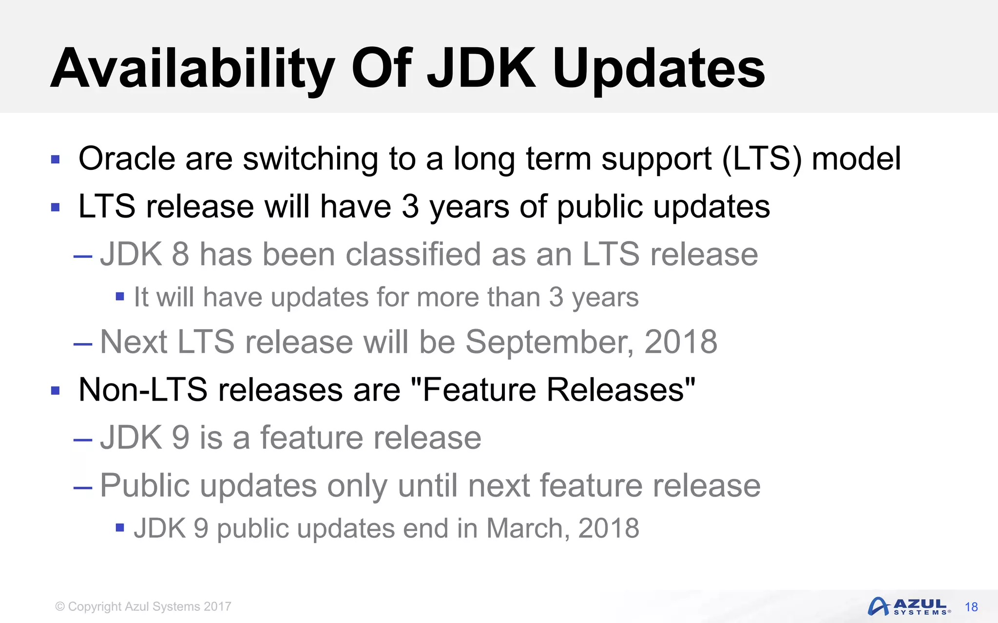 © Copyright Azul Systems 2017
Availability Of JDK Updates
 Oracle are switching to a long term support (LTS) model
 LTS release will have 3 years of public updates
– JDK 8 has been classified as an LTS release
 It will have updates for more than 3 years
– Next LTS release will be September, 2018
 Non-LTS releases are "Feature Releases"
– JDK 9 is a feature release
– Public updates only until next feature release
 JDK 9 public updates end in March, 2018
18
 
