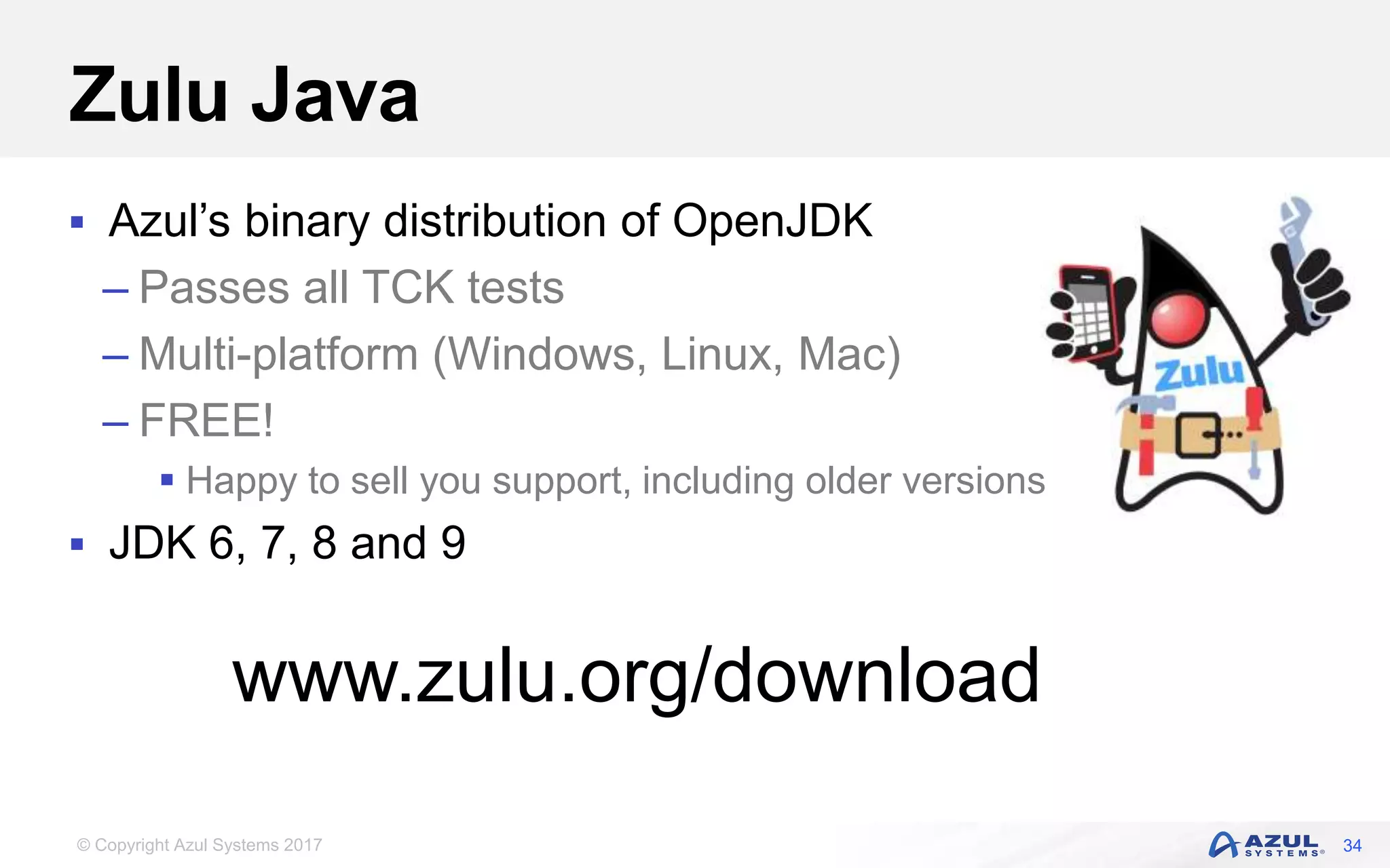 © Copyright Azul Systems 2017
Zulu Java
 Azul’s binary distribution of OpenJDK
– Passes all TCK tests
– Multi-platform (Windows, Linux, Mac)
– FREE!
 Happy to sell you support, including older versions
 JDK 6, 7, 8 and 9
34
www.zulu.org/download
 