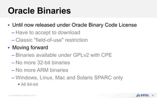 © Copyright Azul Systems 2017
Oracle Binaries
 Until now released under Oracle Binary Code License
– Have to accept to download
– Classic "field-of-use" restriction
 Moving forward
– Binaries available under GPLv2 with CPE
– No more 32-bit binaries
– No more ARM binaries
– Windows, Linux, Mac and Solaris SPARC only
 All 64-bit
20
 
