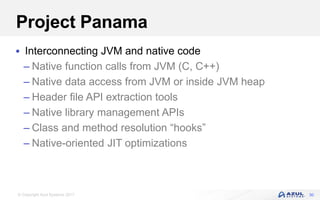 © Copyright Azul Systems 2017
Project Panama
 Interconnecting JVM and native code
– Native function calls from JVM (C, C++)
– Native data access from JVM or inside JVM heap
– Header file API extraction tools
– Native library management APIs
– Class and method resolution “hooks”
– Native-oriented JIT optimizations
30
 