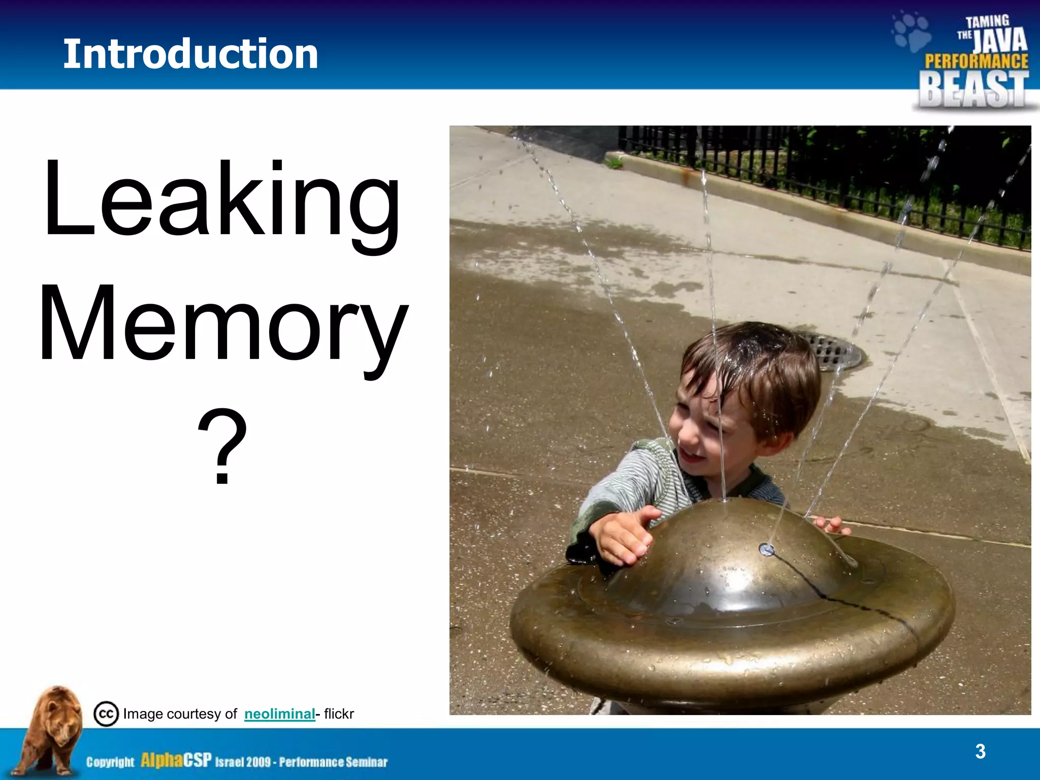 Introduction



Leaking
Memory
   ?

  Image courtesy of neoliminal- flickr

                                         3
 
