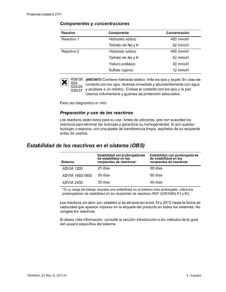 Proteínas totales II (TP)
10494044_ES Rev. G, 2011-01 3 - Español
Componentes y concentraciones
Para uso diagnóstico in vitro.
Preparación y uso de los reactivos
Los reactivos están listos para su uso. Antes de utilizarlos, gire con suavidad los
reactivos para eliminar las burbujas y garantizar su homogeneidad. Si aún quedan
burbujas o espuma, con una pipeta de transferencia limpia, aspírelos de su recipiente
antes de usarlos.
Estabilidad de los reactivos en el sistema (OBS)
Los reactivos sin abrir son estables si se almacenan entre 15 y 25°C hasta la fecha de
caducidad que aparece impresa en la etiqueta del producto en todos los sistemas. No
congele los reactivos.
Si desea más información, consulte la sección Introducción a los métodos de la guía
del usuario específica del sistema.
Reactivo Componente Concentración
Reactivo 1 Hidróxido sódico
Tartrato de Na y K
400
92
mmol/l
mmol/l
Reactivo 2 Hidróxido sódico 400 mmol/l
Tartrato de Na y K 92 mmol/l
Yoduro potásico 30 mmol/l
Sulfato cúprico 12 mmol/l
R36/38
S26,
S24/25
S36/37
¡IRRITANTE! Contiene hidróxido sódico. Irrita los ojos y la piel. En caso de
contacto con los ojos, lávense inmediata y abundantemente con agua
y acúdase a un médico. Evítese el contacto con los ojos y la piel.
Úsense indumentaria y guantes de protección adecuados.
Sistema
Estabilidad sin prolongadores
de estabilidad en los
recipientes de reactivos*
Estabilidad con prolongadores
de estabilidad en los
recipientes de reactivos
ADVIA 1200 21 días 60 días
ADVIA 1650/1800 30 días 60 días
ADVIA 2400 30 días 60 días
*Si su carga de trabajo requiere una estabilidad en el sistema más prolongada, utilice los
prolongadores de estabilidad en los recipientes de reactivos (REF 02991886) R1 y R2.
 