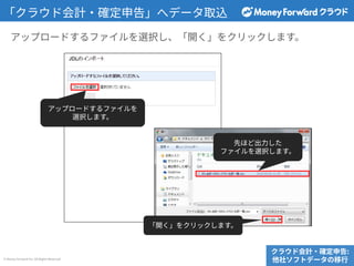 © Money Forward Inc. All Rights Reserved
「クラウド会計‧確定申告」へデータ取込
アップロードするファイルを選択し、「開く」をクリックします。
クラウド会計‧確定申告:
他社ソフトデータの移⾏
アップロードするファイルを
選択します。
先ほど出⼒した
ファイルを選択します。
「開く」をクリックします。
 
