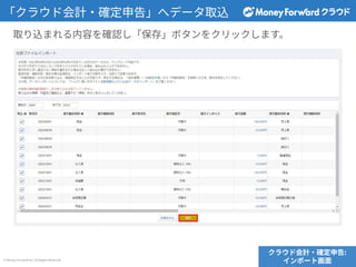 © Money Forward Inc. All Rights Reserved
「クラウド会計‧確定申告」へデータ取込
取り込まれる内容を確認し「保存」ボタンをクリックします。
クラウド会計‧確定申告:
インポート画⾯
 
