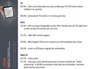 TV
90.3% - têm uma televisão em casa sendo que 54.7% fruem deste
   médium no quarto;

49.9% - consomem TV entre 2 a 5 horas por dia;

IPTV
72.5% - têm serviços integrados como IPTV. Sendo que 32.7% aderiram
   a este serviço há menos de um ano;

71.7% - Não têm canais pagos;

79.6% - Não alugam filmes em sistema on-demand/pay-per-view;

59.3% - usam as STB para registo de conteúdos;

Web TV
52.7% - não usam;
71.7% - dos que usam declararam que o fazem através de “video
   streaming” e 49.8% consomem este tipo de conteúdos durante
   pelo menos uma hora.
 