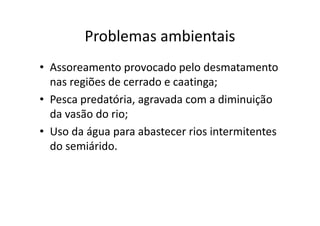 Problemas ambientais 
• Assoreamento provocado pelo desmatamento 
nas regiões de cerrado e caatinga; 
• Pesca predatória, agravada com a diminuição 
da vasão do rio; 
• Uso da água para abastecer rios intermitentes 
do semiárido. 
