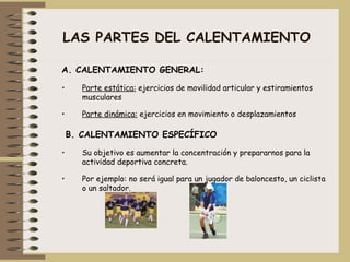 LAS PARTES DEL CALENTAMIENTO A. CALENTAMIENTO GENERAL: Parte estática:  ejercicios de movilidad articular y estiramientos musculares  Parte dinámica:  ejercicios en movimiento o desplazamientos B. CALENTAMIENTO ESPECÍFICO   Su objetivo es aumentar la concentración y prepararnos para la actividad deportiva concreta. Por ejemplo: no será igual para un jugador de baloncesto, un ciclista o un saltador. 