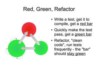 Red, Green, Refactor
          ●   Write a test, get it to
              compile, get a red bar
          ●   Quickly make the test
              pass, get a green bar
          ●   Refactor, "clean
              code", run tests
              frequently - the "bar"
              should stay green
 