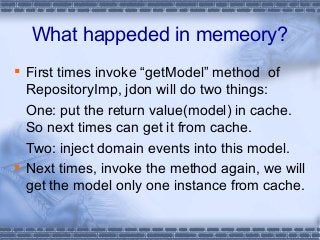 What happeded in memeory?
 First times invoke “getModel” method of
RepositoryImp, jdon will do two things:
One: put the r...