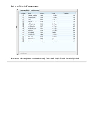 Das letzte Menü ist Erweiterungen.




Hier könnt ihr eure ganzen Addons für den jDownloader (de)aktivieren und konfigurieren.
 