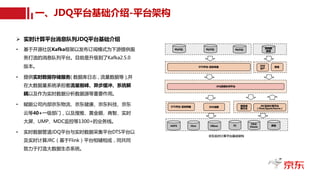 Ø 实时计算平台消息队列JDQ平台基础介绍
• 基于开源社区Kafka框架以发布订阅模式为下游提供服
务打造的消息队列平台。目前是升级到了Kafka2.5.0
版本。
• 提供实时数据存储服务( 数据库日志 , 流量数据等 ),并
在大数据量系统承担着流量削峰、异步缓冲、系统解
耦以及作为实时数据分析数据源等重要作用。
• 赋能公司内部京东物流、京东健康、京东科技、京东
云等40+一级部门，以及搜推、黄金眼、商智、实时
大屏、UMP、MDC监控等1300+的业务线。
• 实时数据管道JDQ平台与实时数据采集平台DTS平台以
及实时计算JRC（基于Flink）平台相辅相成，同共同
致力于打造大数据生态系统。
一、JDQ平台基础介绍-平台架构
 