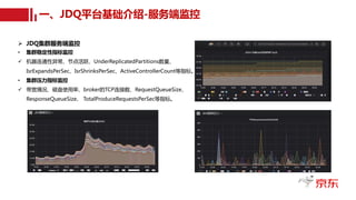 Ø JDQ集群服务端监控
• 集群稳定性指标监控
ü 机器连通性异常、节点活跃、UnderReplicatedPartitions数量、
IsrExpandsPerSec、IsrShrinksPerSec、ActiveControllerCount等指标。
• 集群压力指标监控
ü 带宽情况、磁盘使用率、broker的TCP连接数、RequestQueueSize、
ResponseQueueSize、 TotalProduceRequestsPerSec等指标。
一、JDQ平台基础介绍-服务端监控
 