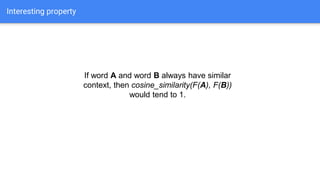 Interesting property
If word A and word B always have similar
context, then cosine_similarity(F(A), F(B))
would tend to 1.
 