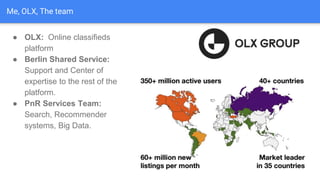 Me, OLX, The team
● OLX: Online classifieds
platform
● Berlin Shared Service:
Support and Center of
expertise to the rest of the
platform.
● PnR Services Team:
Search, Recommender
systems, Big Data.
 